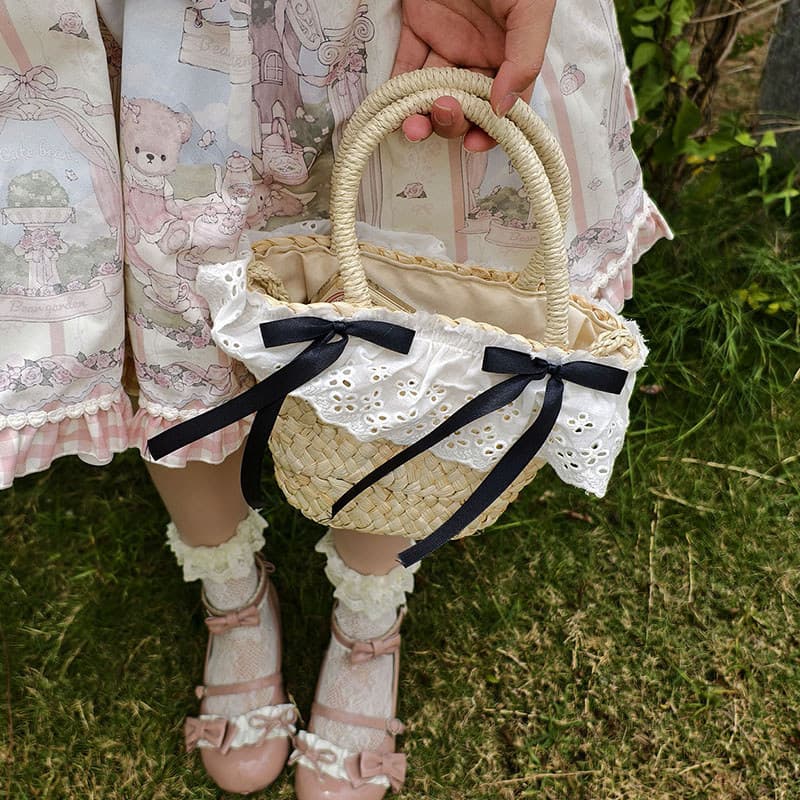 Japonês lolita bolsa tecido menina coração estilo férias saco de praia bonito arco beira-mar saco de palha
