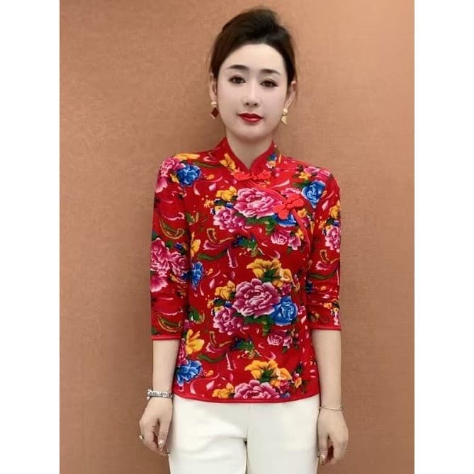 Mãe verão estilo ocidental nordeste grande flor manga de três quartos camiseta senhoras Yangko roupas de dança mais magr