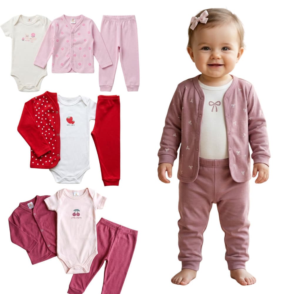Kit Enxoval Bebê Menina 12 Peças – Bodies, Casaco e Calças Premium Minimalista Envio Imediato