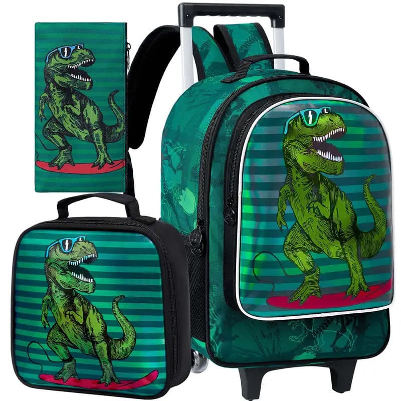 3PCS Mochila com Rodas para Crianças, Mochila Escolar de Dinossauro com Rodas para Meninos, Mochilas com Rodas para Cria