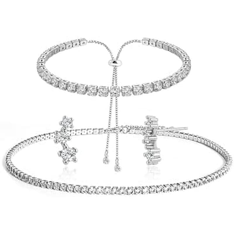 Conjunto De Colar De Tênis De Prata Para Mulheres Pulseiras Brincos De Diamante Hipoalergênico Strass Casamento Noivas D