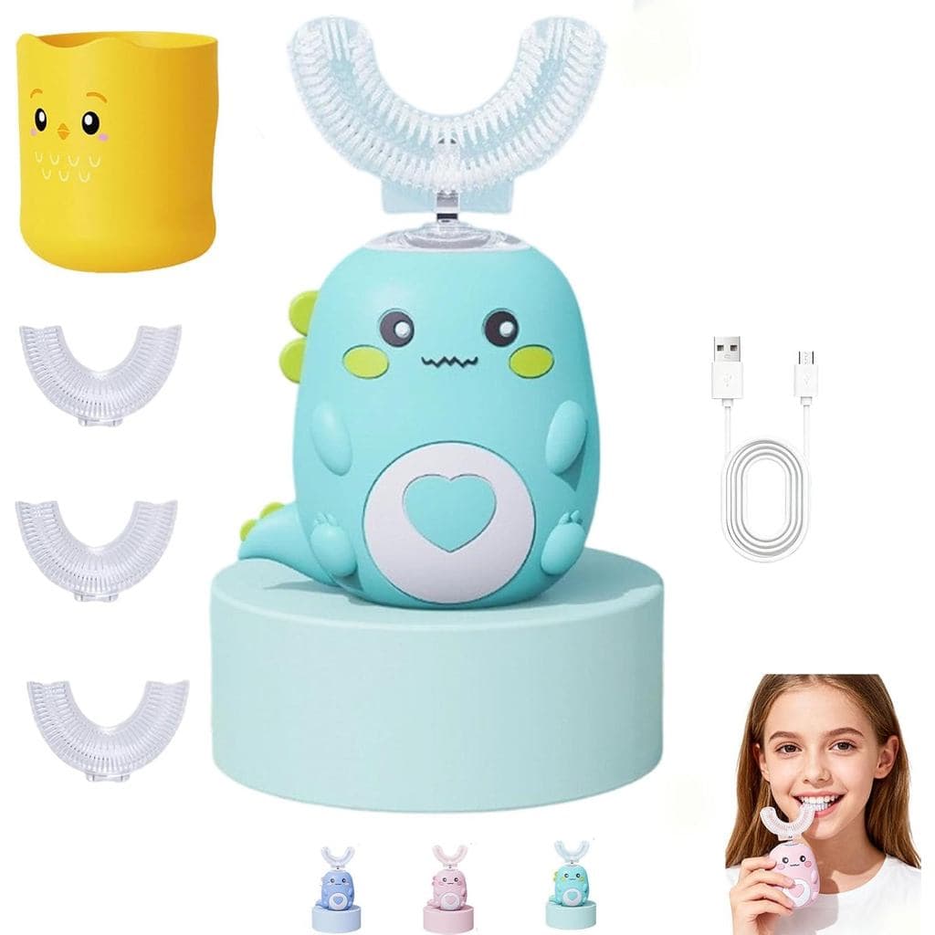 Escova de Dentes Elétrica Infantil em Forma de U, Sônica Automática com 4 Cabeças de Escova e 3 Modos de Limpeza, Design