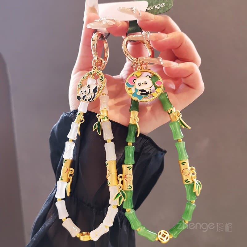 Novo estilo chinês bambu corrente do telefone móvel pingente corda de pulso curto ins estilo chinês na moda Panda crista