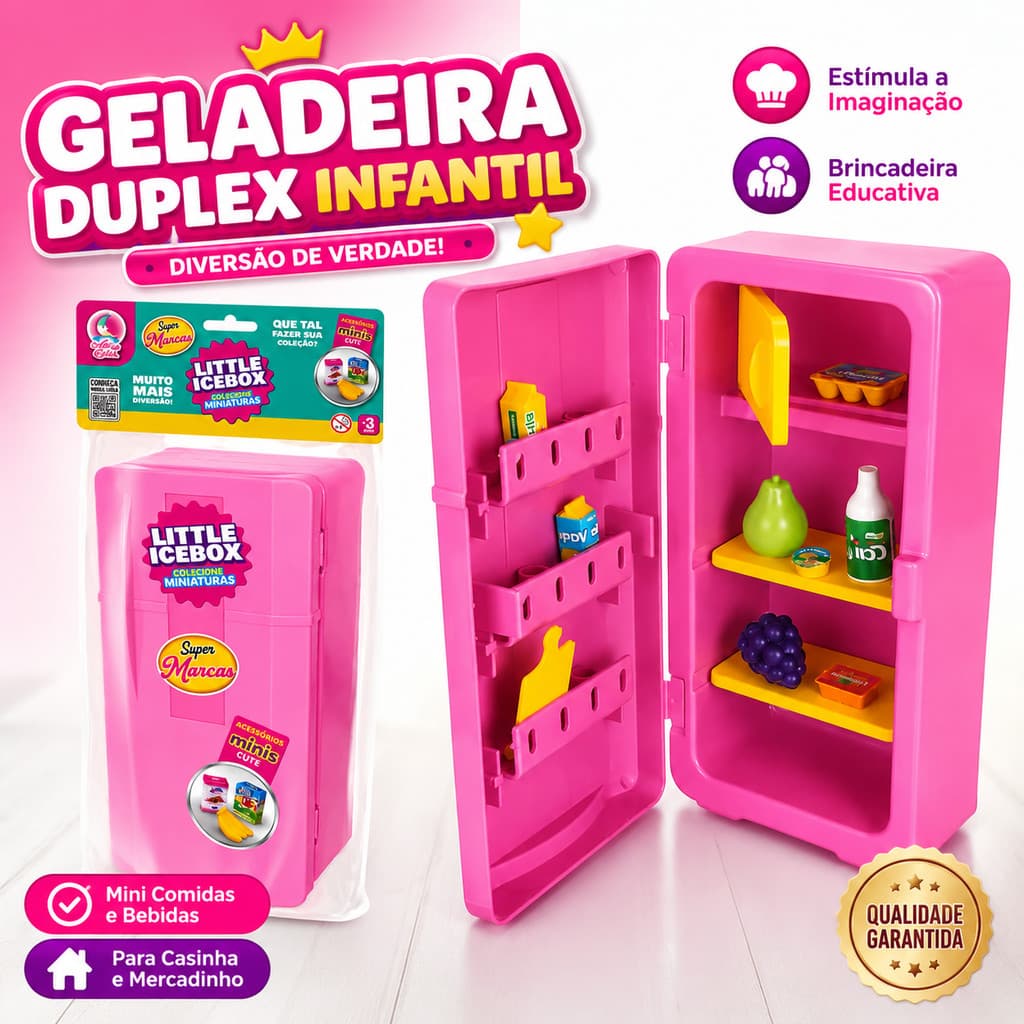 Geladeira Duplex Infantil Com Mini Comidas E Bebidas Para Brincadeira De Casinha E Mercadinho