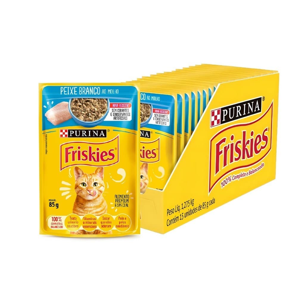 Kit 15 Ração Úmida Purina Friskies Sachê para Gatos Adultos sabor Peixe Branco 85g