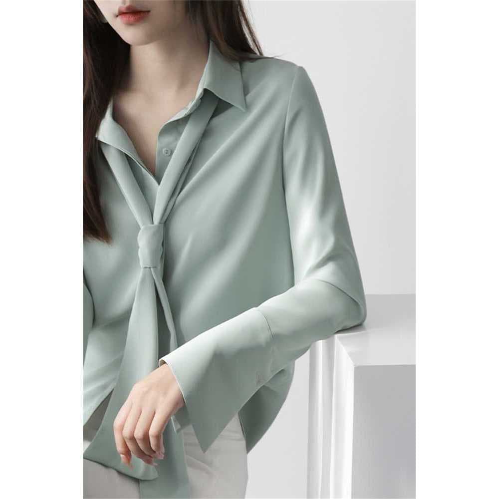 Primavera verão novo estilo moda gravata francesa Design nicho Chiffon camisa feminina de manga comprida camisa de fundo