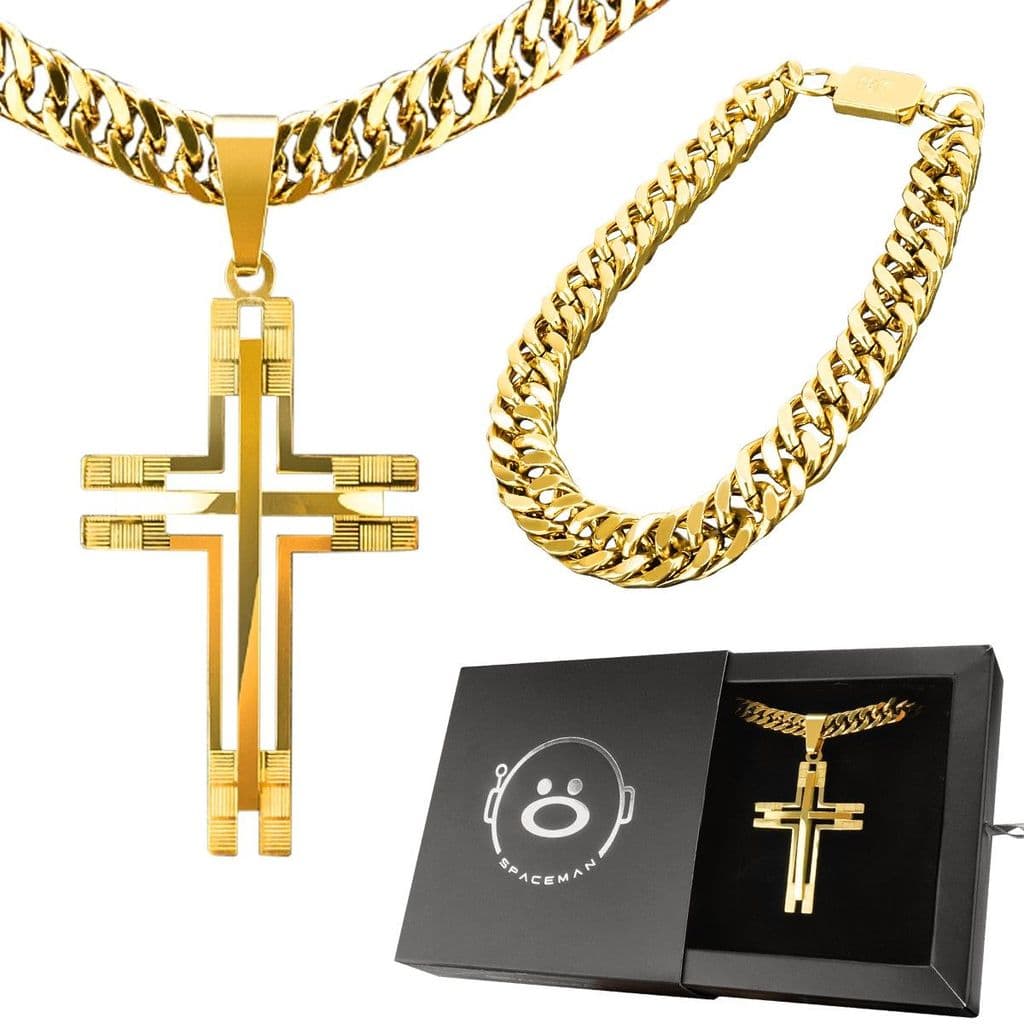 cordão banhado ouro + crucifixo + caixa<br> presente casual