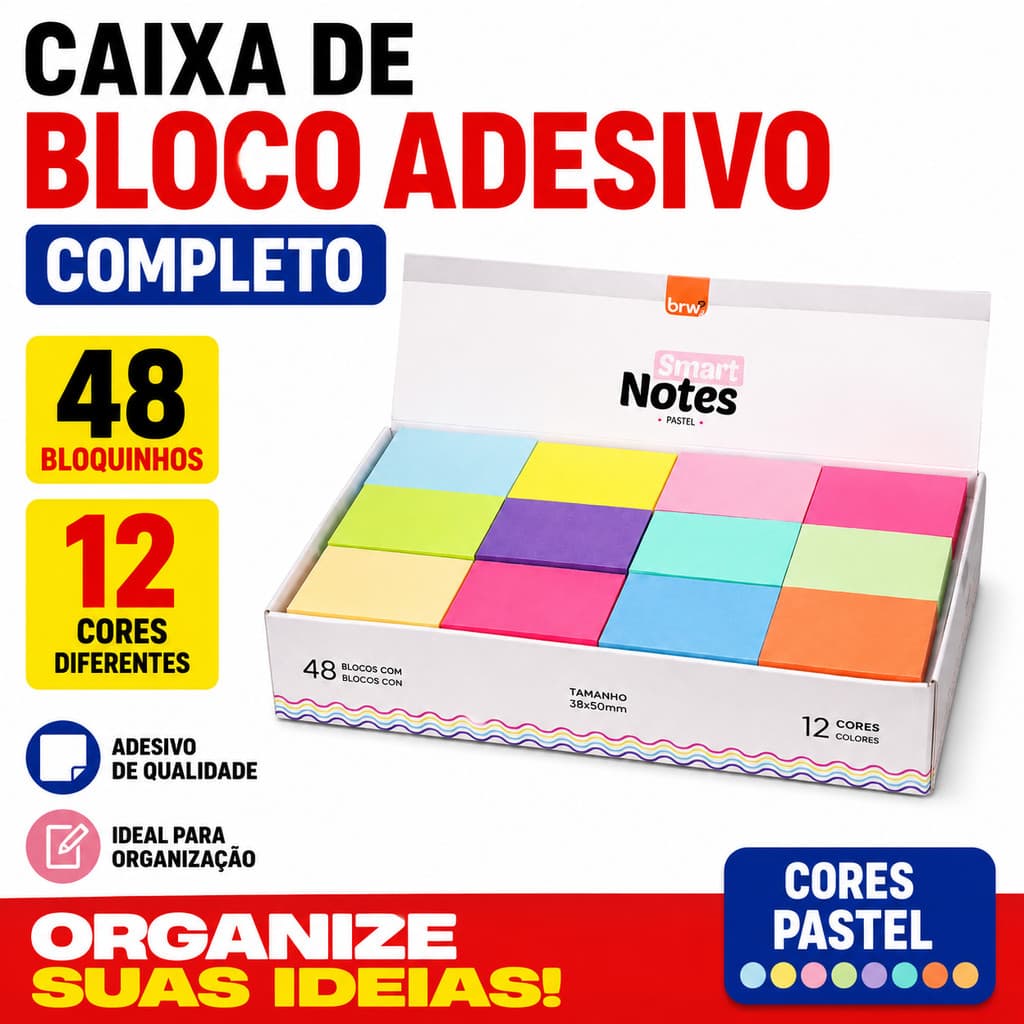 Caixa De Bloco Adesivo Smart Notes 12 Cores 48 Blocos BRW Post It Colorido