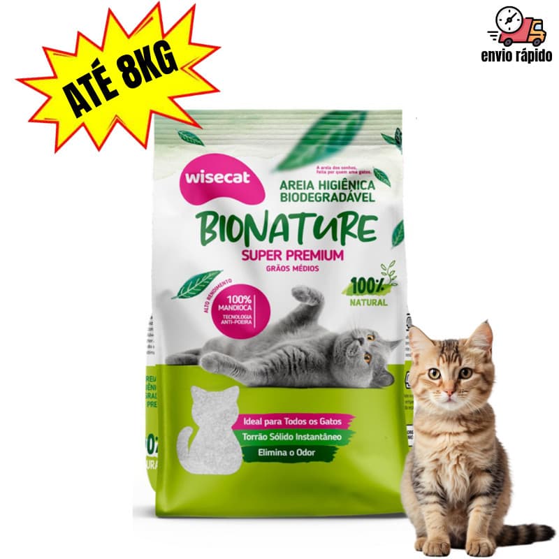 Areia Para Gato Natural 100% Mandioca Biodegradável Wise Cat Até 8kg