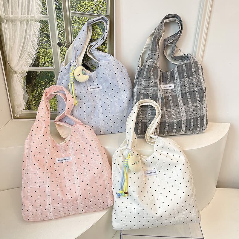 Bolsa de lona de bolinhas coreana feminina rosa nicho literário ins estilo All-Match Commuter bolsa de ombro grande capa
