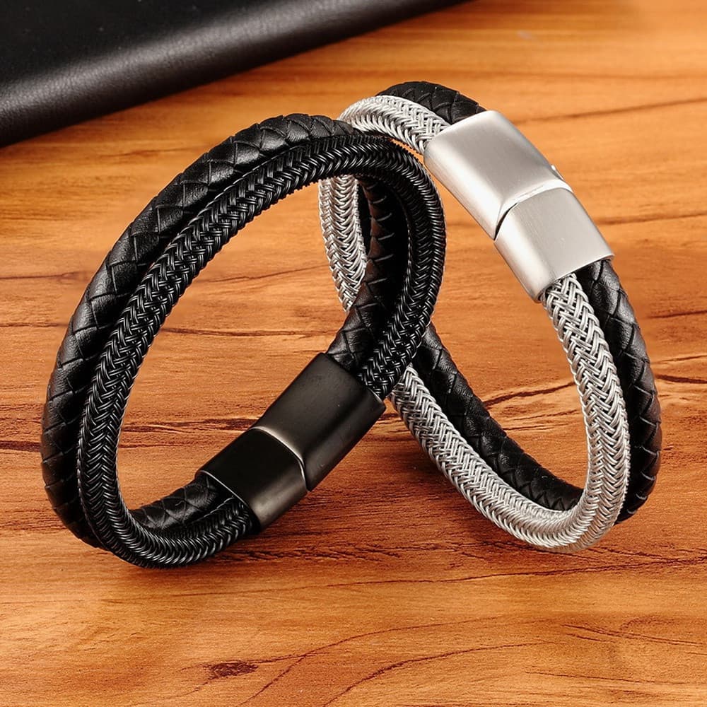 Pulseira Estilo Clássico De Couro Com Combinação De Costura De Aço Inoxidável Masculina Preta/Fivela Acessórios Para Fes