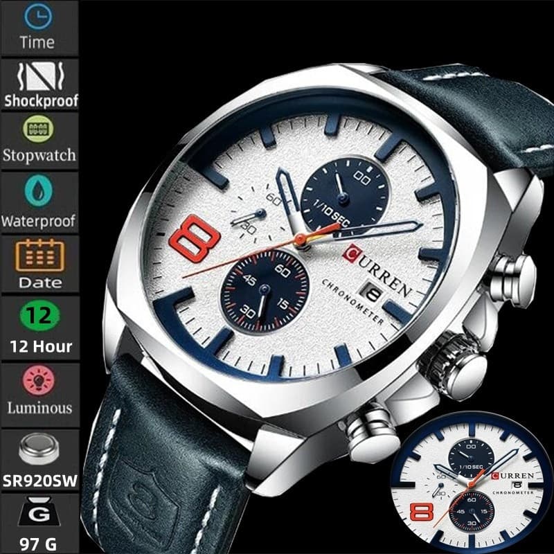Relógio de pulso masculino Curren de quartzo, adequado para homens elegantes, relógio de couro com design moderno, cronó
