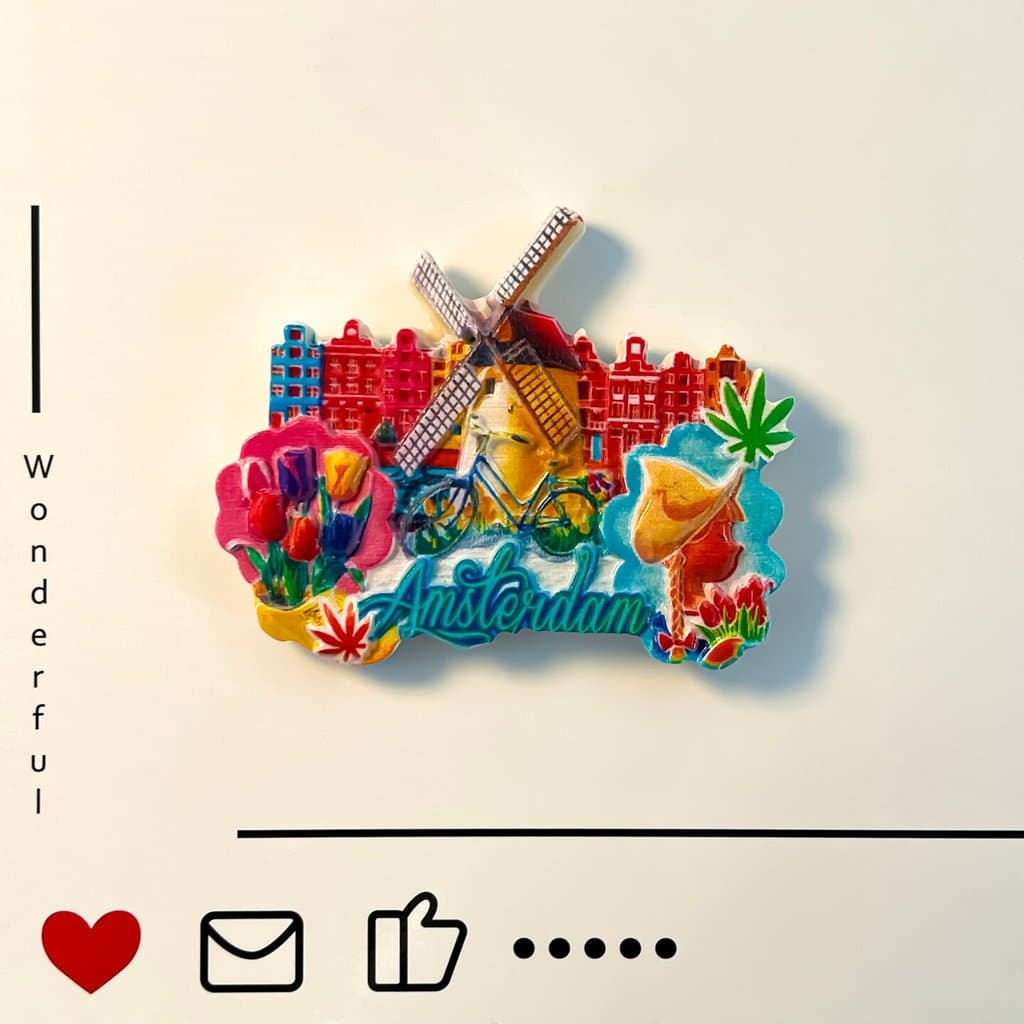 Relevo do moinho de vento de Amsterdã, adesivos 3D de resina para geladeiras holandesas, adesivos criativos feitos à mão