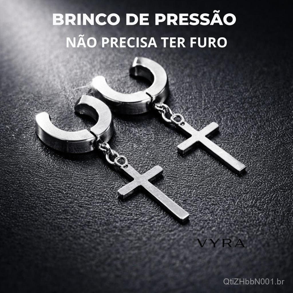 Brinco de Pressão Cruz Aço Inox Prata Sem Furo Argola Pingente Cruz Unissex