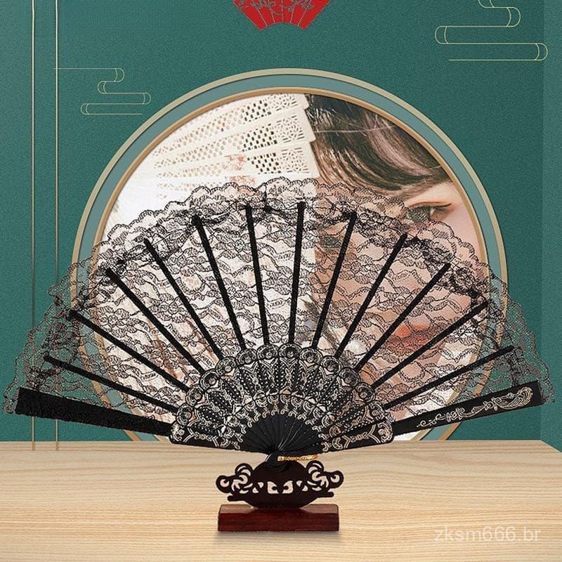 Leque dobrável de renda em estilo vintage, com padrões japoneses e chineses, peça de arte feita à mão, adequado para dec