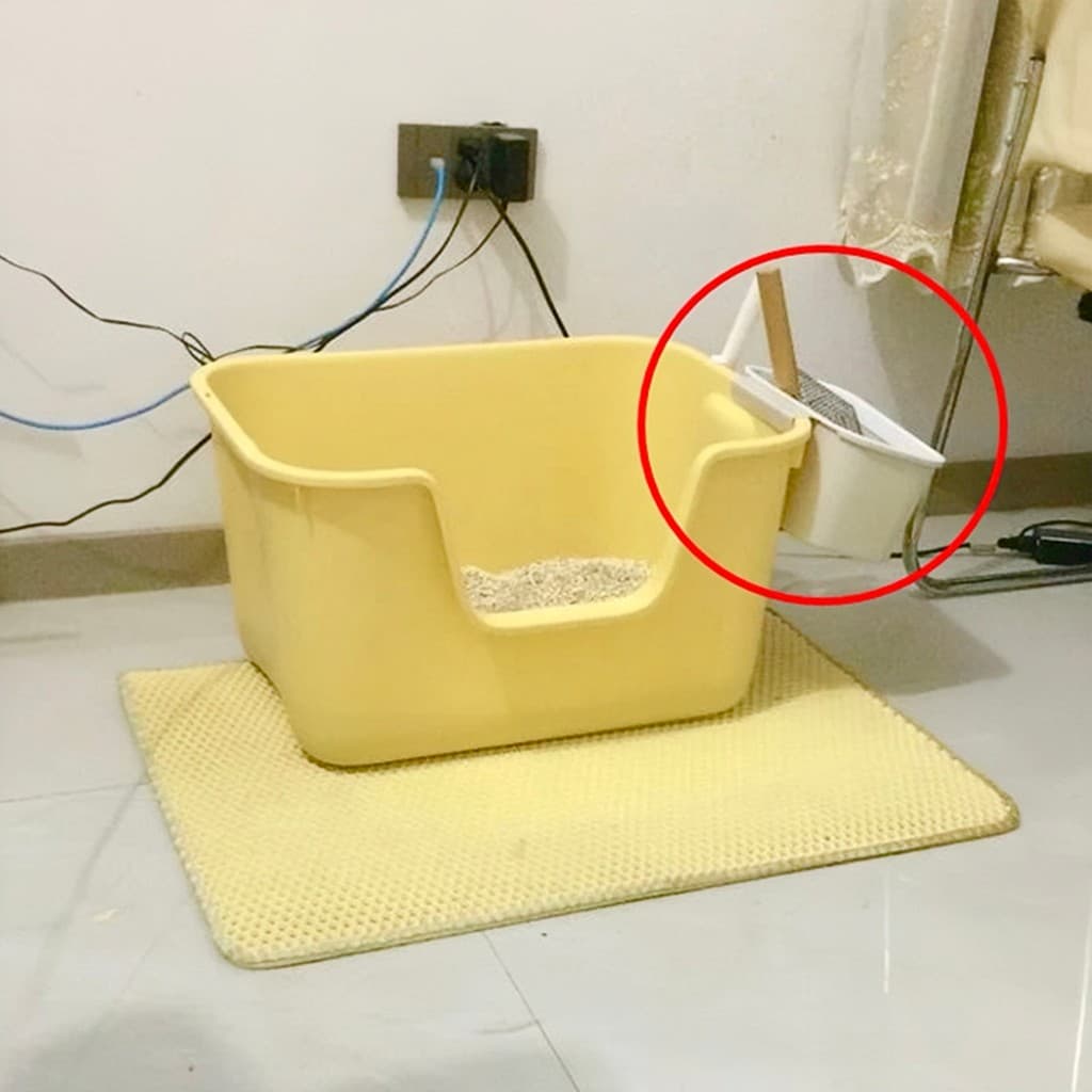 Lata de lixo para gatos, pá pequena para areia de gato, ferramenta útil para armazenamento, cesta suspensa, pá para gato