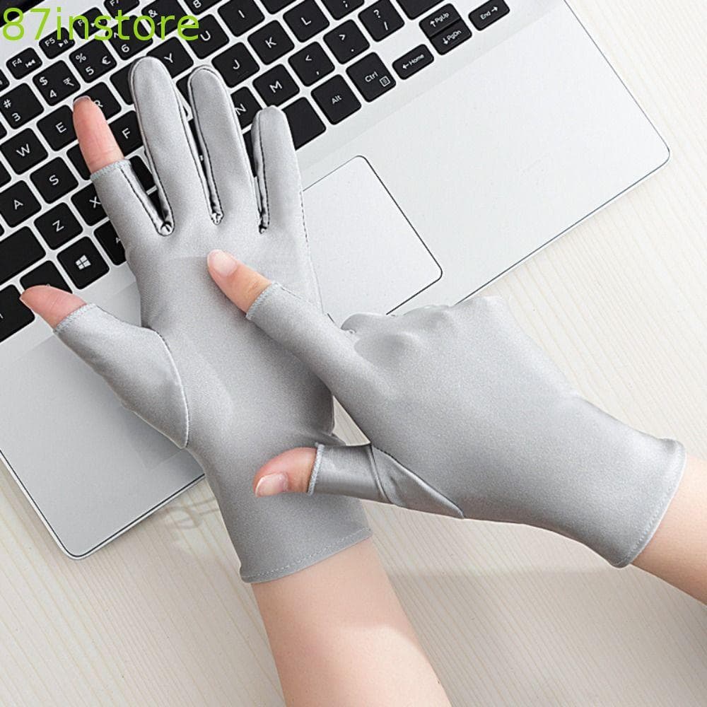 INSTORE1 1 Par De Luvas Femininas De Proteção Solar , Finas De Seda Gelada Anti-Ultravioleta Semi-Dedo ,