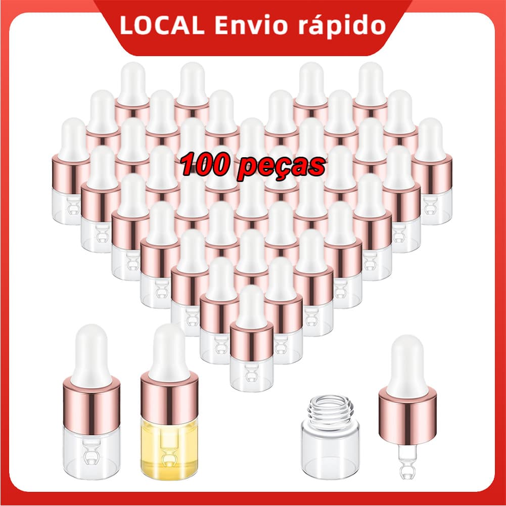 100 Peças Mini Frasco Conta-Gotas Vidro 1ml Rosa Gold – Design fino, cabeça borracha, leve, para casa e escritório