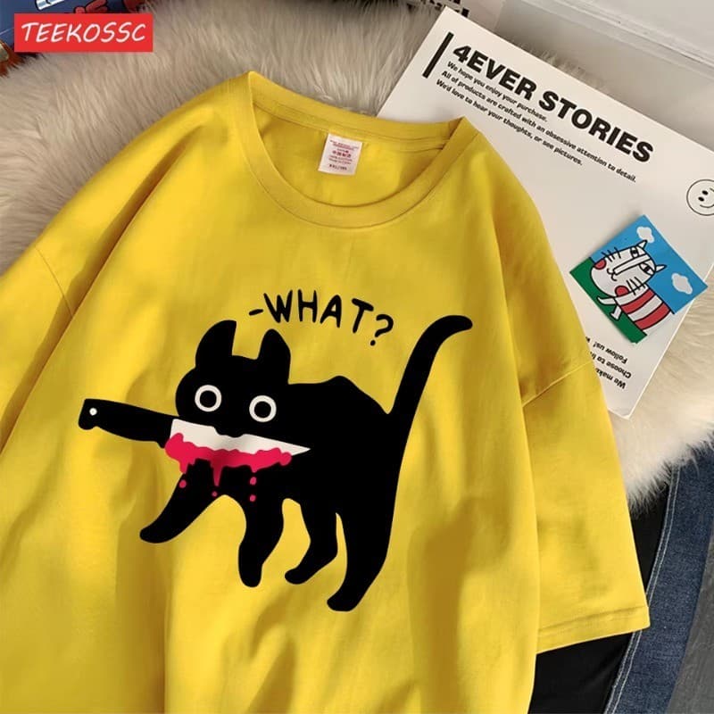 Camiseta Moda Verão 100% Algodão Premium Gato Faca Na Boca What Camisa Lançamento 2025 Envio Rápido
