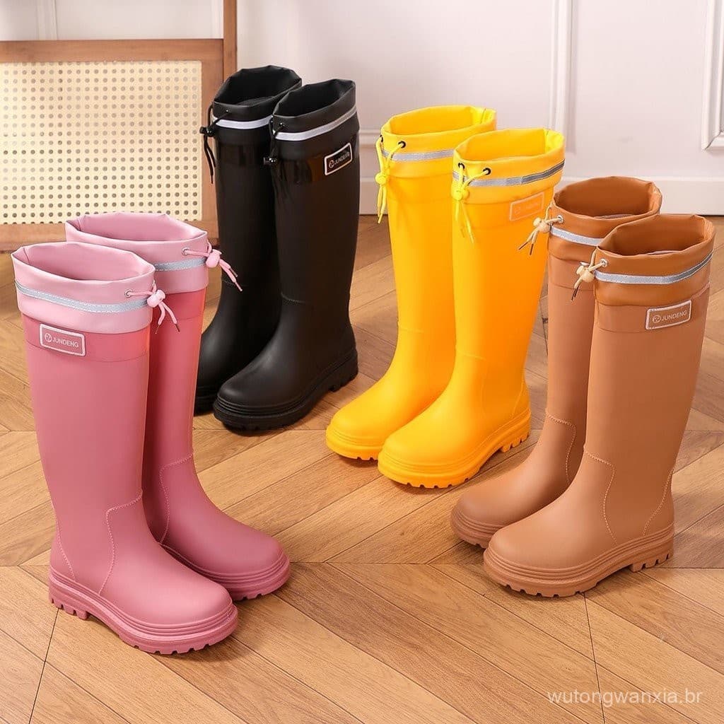 Botas de Chuva Femininas com Cordão, Cano Alto, para Caminhadas na Floresta, à Prova d'Água e Antiderrapantes