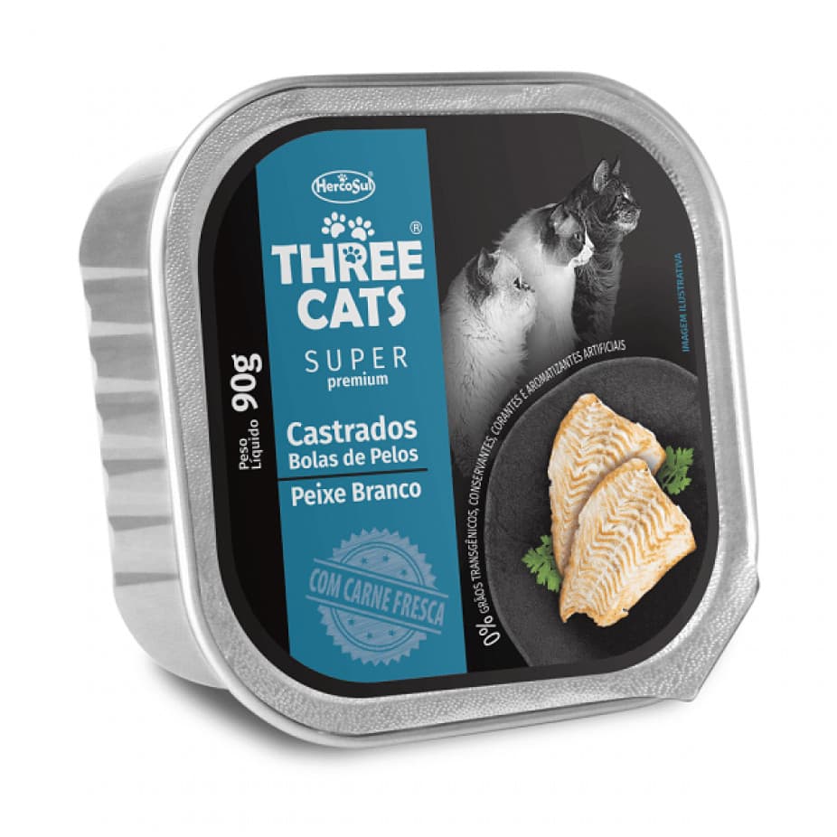 Ração Úmida Three Cats Bolas de Pelos Gatos Castrados Patê de Peixe Branco 90g