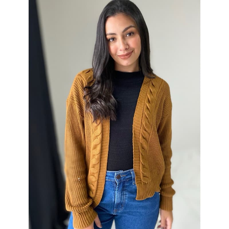 Casaco Cardigan Tricot com trança na frente Eliana inverno tricô aberto moda feminino atacado