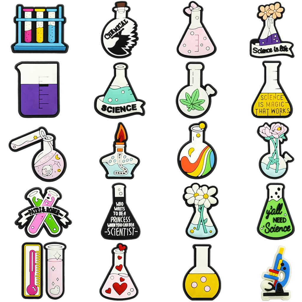 Encantos De Sapat Acessórios decorativos de PVC com padrões de frascos de reagentes de experimento científico nos sapato