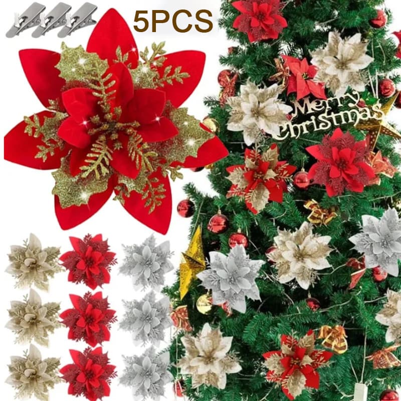 5/20 Pçs Flores Artificiais De Natal Com Clipes Enfeites De Árvore Flor Falsa Casamento Decorações De Festa De Ano Novo