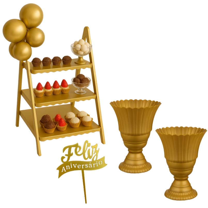 Decoração Aniversário: Kit Completo com Escadinha, 2 Vasos Decorativos e Topo de Bolo para Festa
