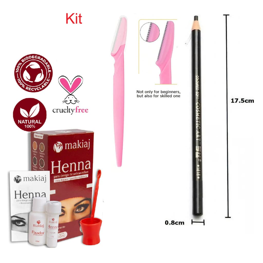 Kit Com Henna Sobrancelha e Lapis Soft Coloured Pencls e Lâminas Navalha