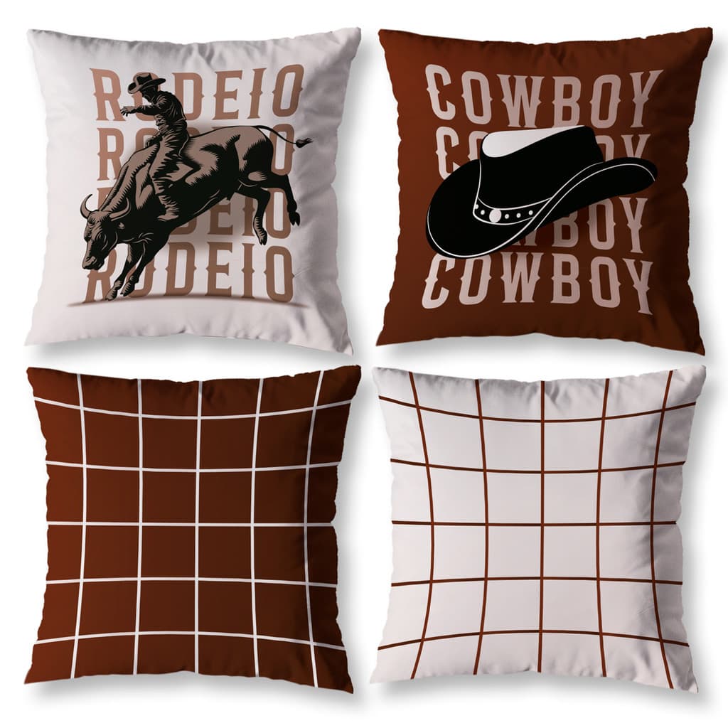 Kit 4 Almofadas Cheia 40x40 Rodeio Cowboy Agro Sofá Sala Estampadas Decorativas com Zíper