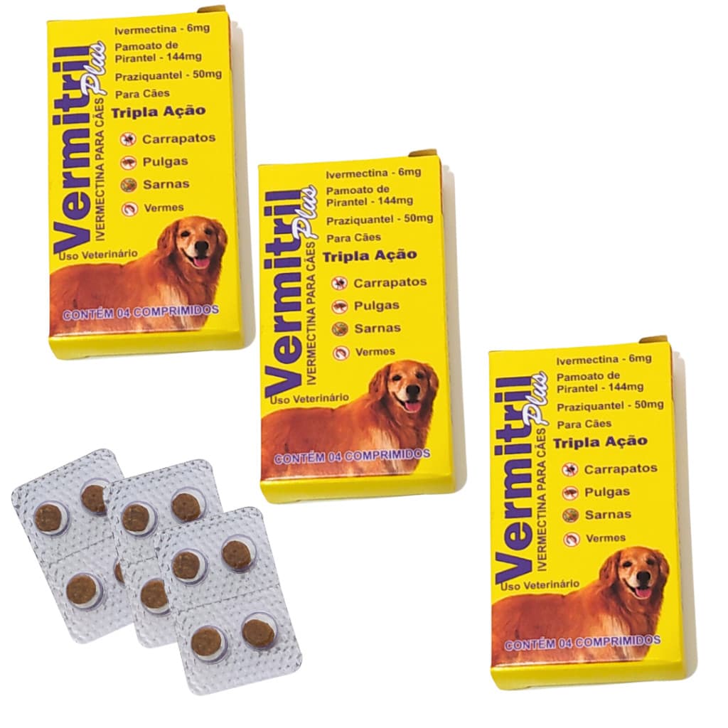 Vermitril Remédio Anti Carrapatos, Vermes, Pulgas E Sarnas - 12 Comp Mastigáveis p/ 30kg sabor Carne