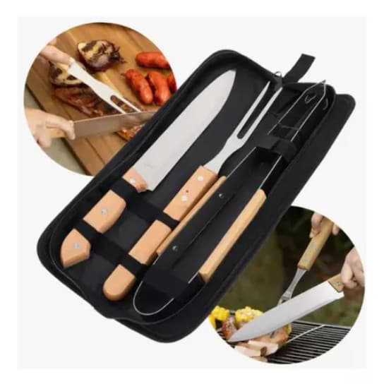 Kit 3 Peças Churrasco Pinça Garfo E Faca Com Estojo