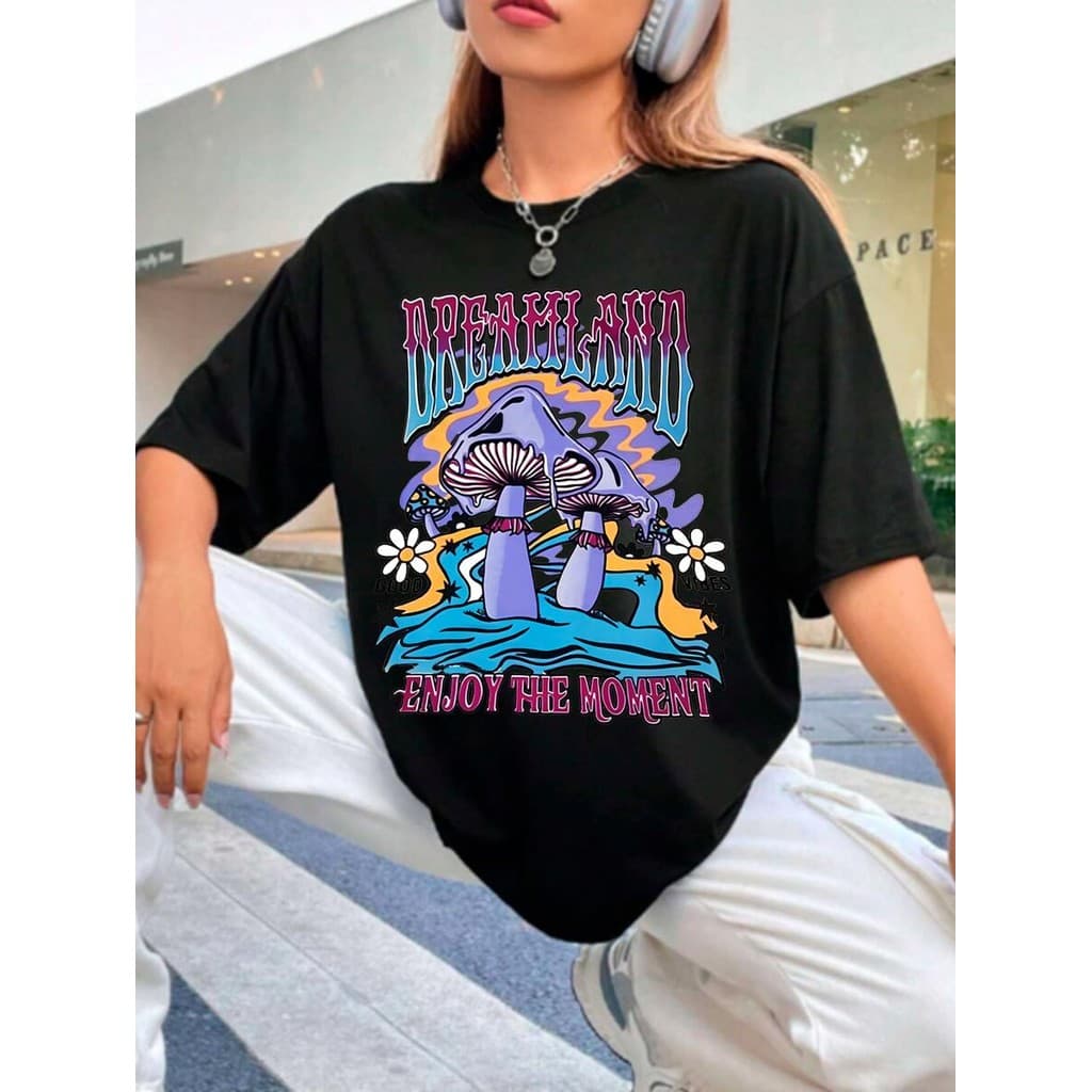 Camiseta Feminina Ombro Caído tumblr cogumelo Streetwear T-shirt Camisa Blogueira Style PLUS SIZE