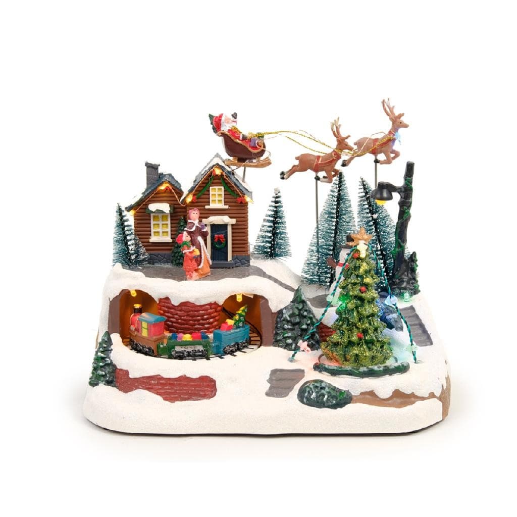 Cenário cidade natalina com neve enfeite com luz e movimento 20x23cm