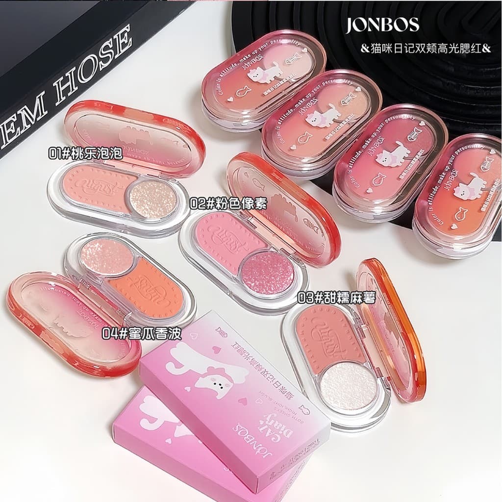 JONBOS Cat Diary Double Cheek Highlight Blush Placa multifuncional feminina fina piscando brilho resistente à água placa