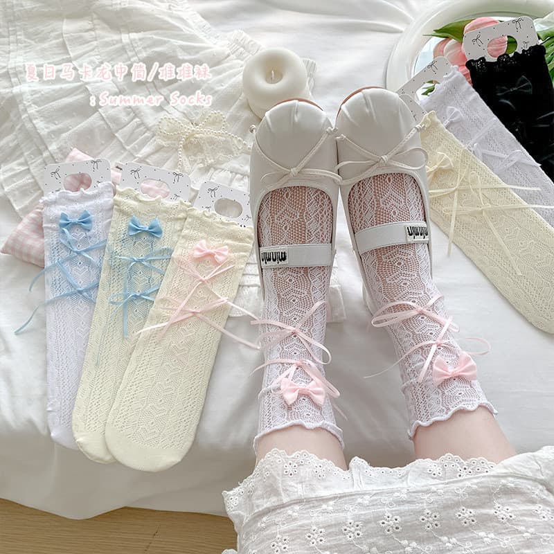 Primavera verão fita fina meados de tubo meias Bowknot oco renda doce estilo Ballet listrado Fishnet meias bezerro