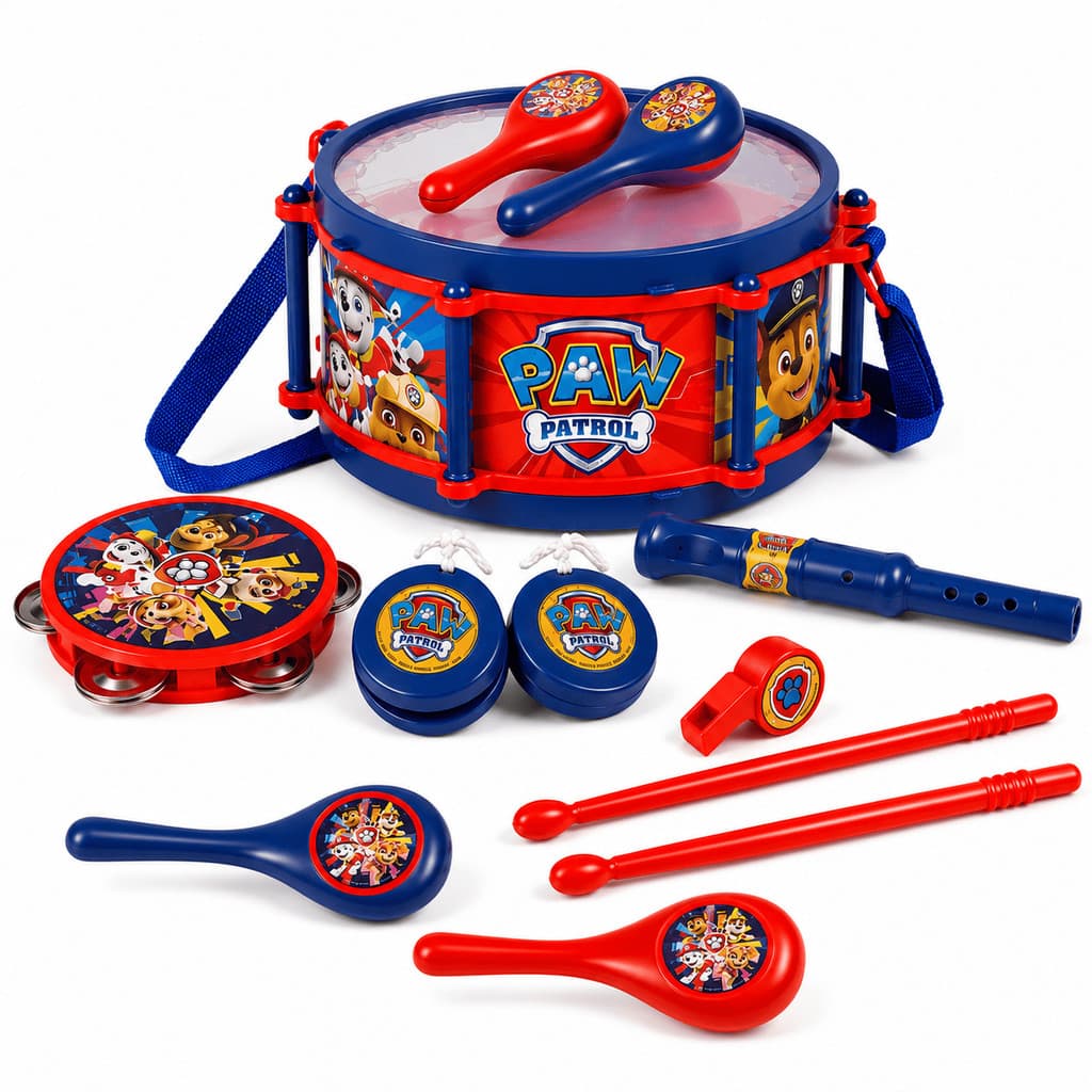 Bateria Infantil Patrulha Canina Kit Musical Completo 10 Peças Bumbo Pandeiro Baquetas