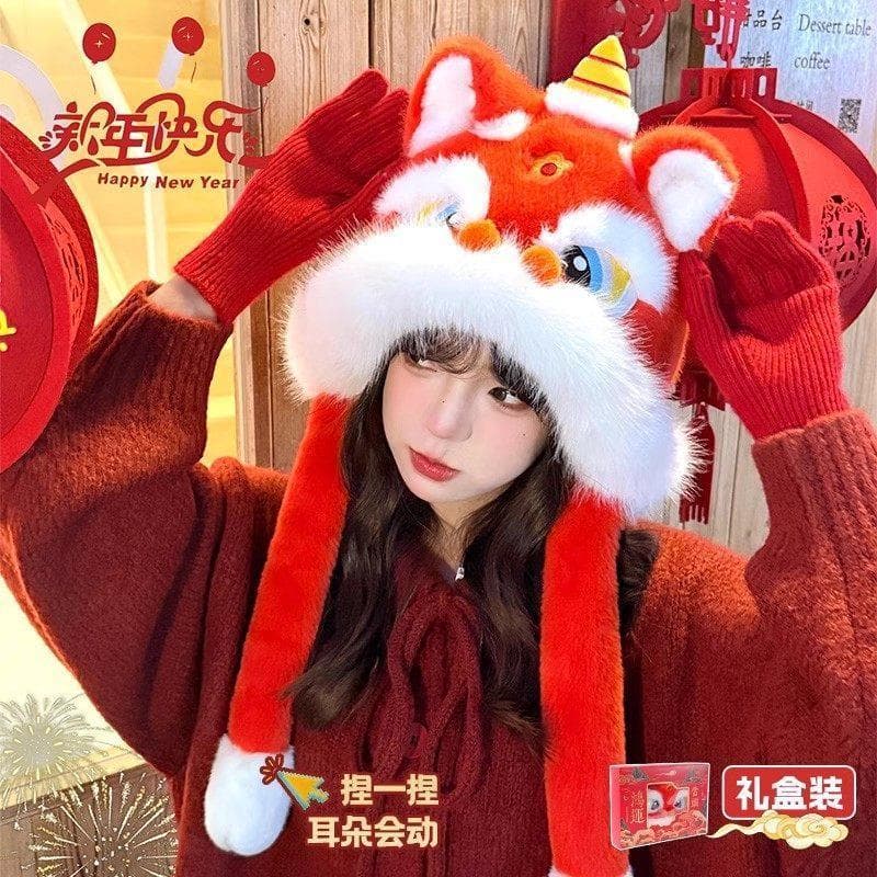 2025 novo estilo nacional na moda leão-despertar chapéu orelhas podem mover ano novo chinês cobra ano presente vermelho