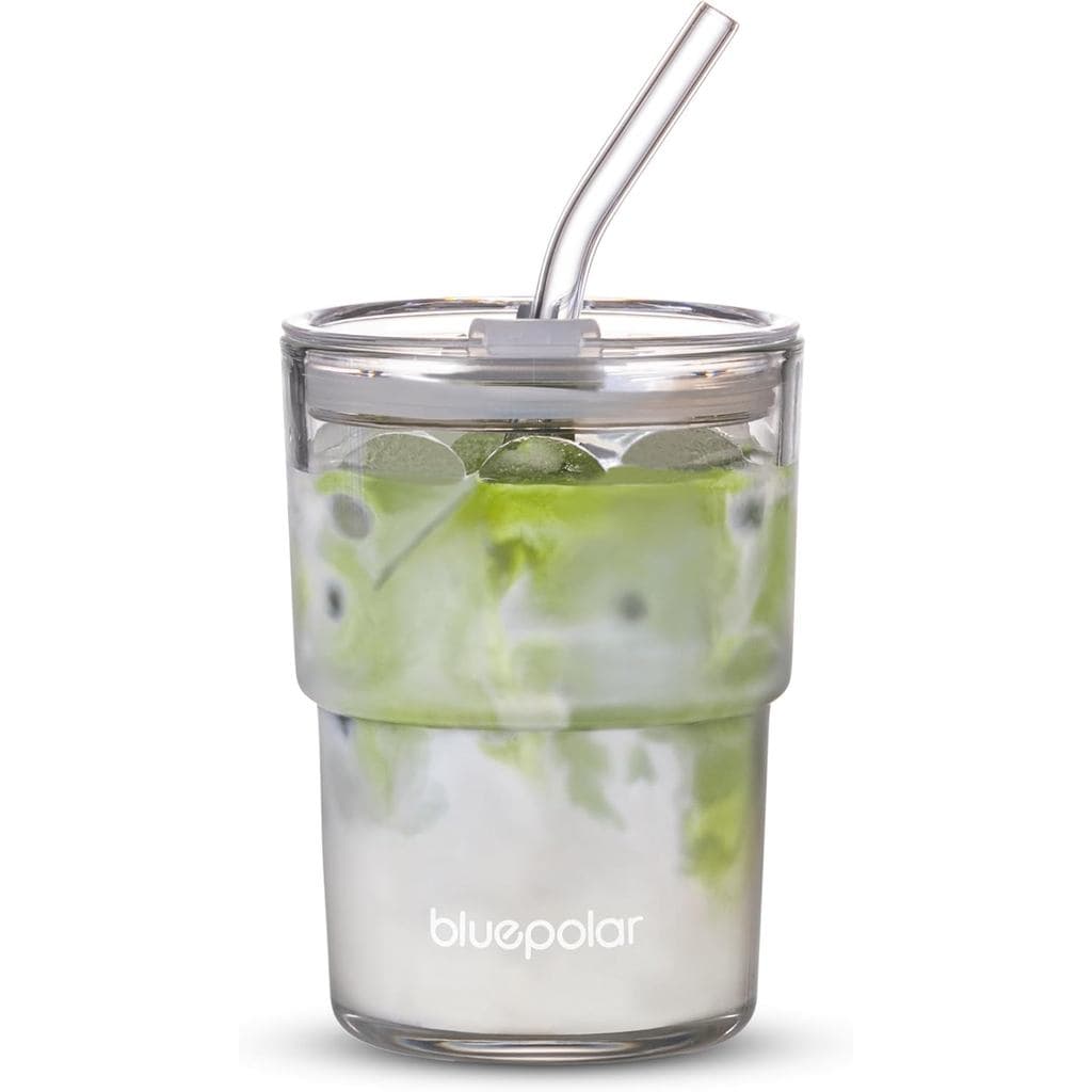 BLUEPOLAR Copo de Vidro para Água de 13oz/400ml com Canudo e Tampa Selada, Copo de Parede Grossa para Café Gelado, Copo