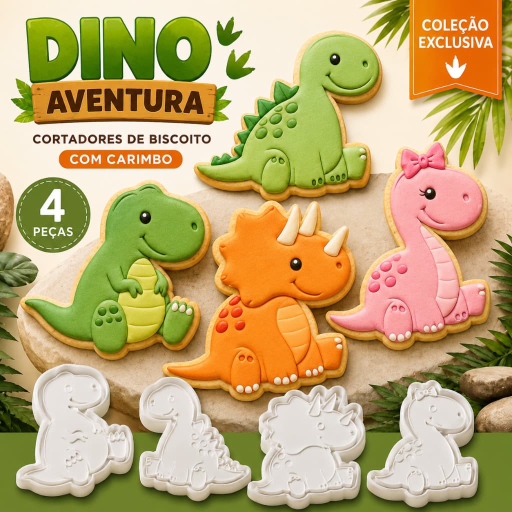 Kit 4 Cortador Biscoito Dinossauro + Carimbo 3D Molde para Bolacha Pasta Americana Biscuit Fondant Confeitaria Decoração
