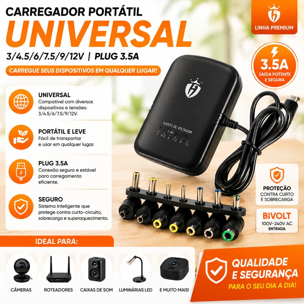 Fonte Carregador Universal 7 pinos Plug Bivolt 110-220v até 3.5A