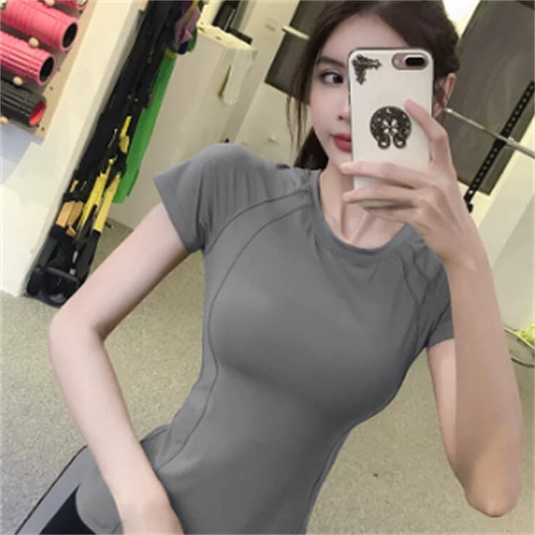 Roupa de Fitness feminina Slim fit, aparência mais fina, linda, roupa de corrida nas costas, manga curta, fina, justa
