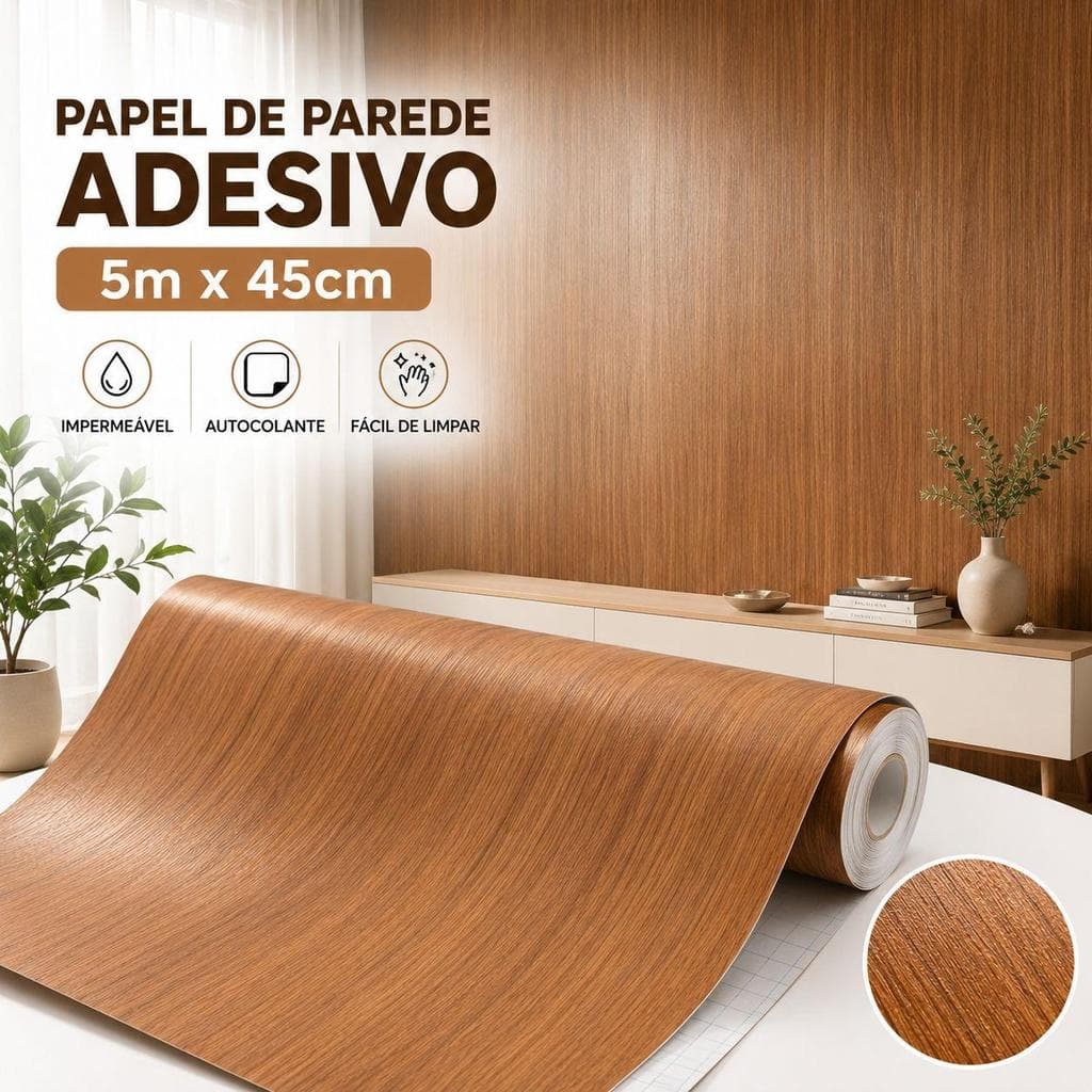 Papel de Parede Adesivo Madeira Premium 5m x 45cm – Renovação Fácil e Elegante