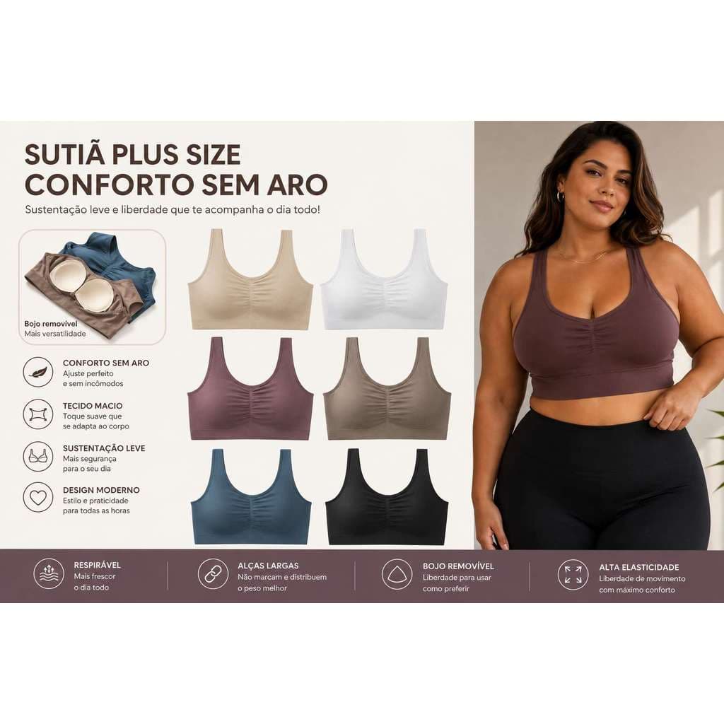 Top Plus Size Sem Aro Bojo Fixo Sem Costura Alta Sustentação Confortável Feminino