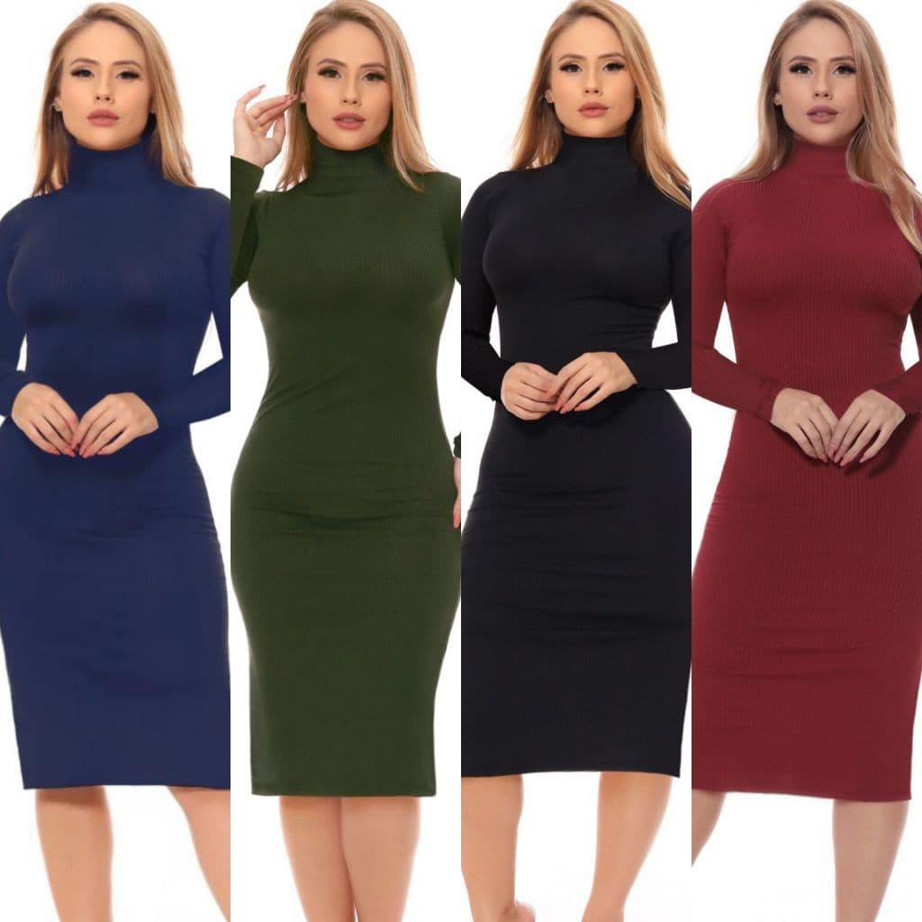 Vestido Midi Gola Inverno Manga Longa Comprida Canelado Longuete Evangelico Maternidade Casual Social Trabalho