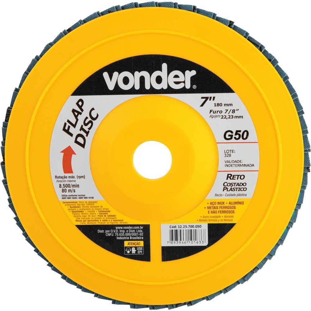 Flap-disc, disco de desbaste/acabamento, 7" - 180 mm, reto, grão 50, VONDER