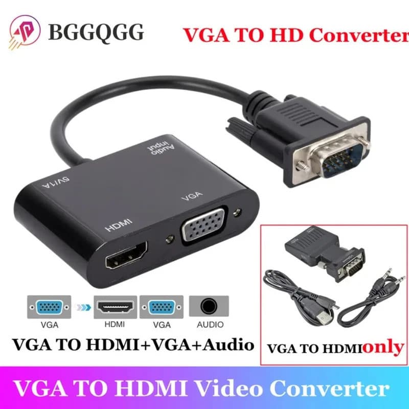 Adaptador VGA para HDMI Compatível, Divisor VGA com Conversor de Áudio de 3,5 mm, Suporta Dupla Exibição para PC, Projet
