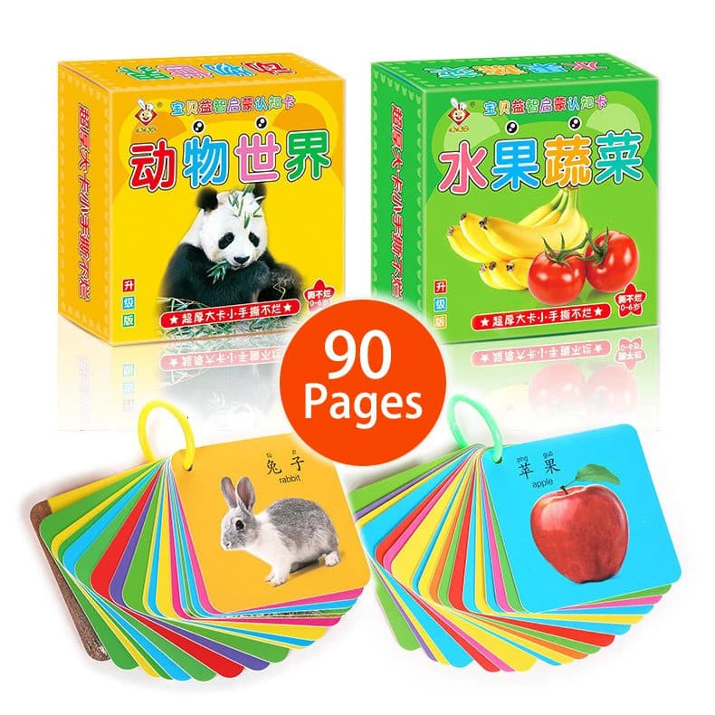 Livro de 90 Páginas com Cartões de Animais, Frutas e Números para Educação Cognitiva e Alfabetização Infantil