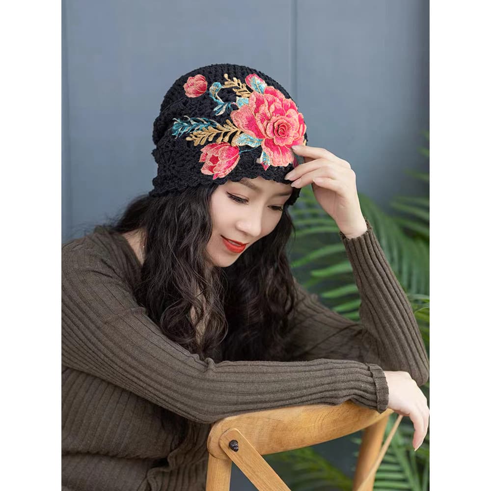 Chapéu feminino estilo étnico bordado flor capa de cabelo branco elo de corrente fio de algodão malha oco lenço chapéu p